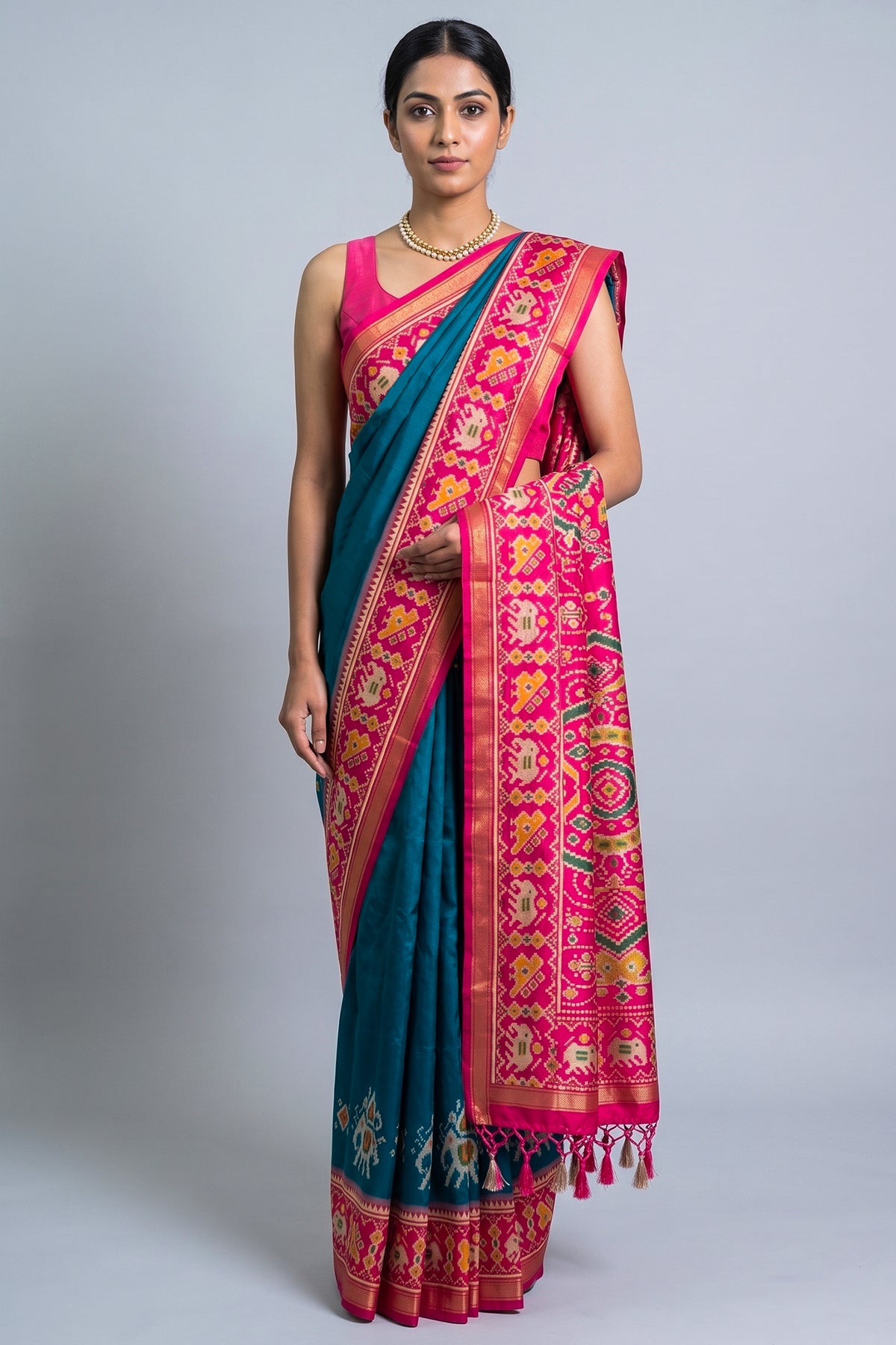 Rama Blue Art Silk Saree with Patola Border and Contrast Pallu