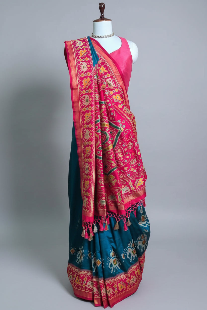 Rama Blue Art Silk Saree with Patola Border and Contrast Pallu