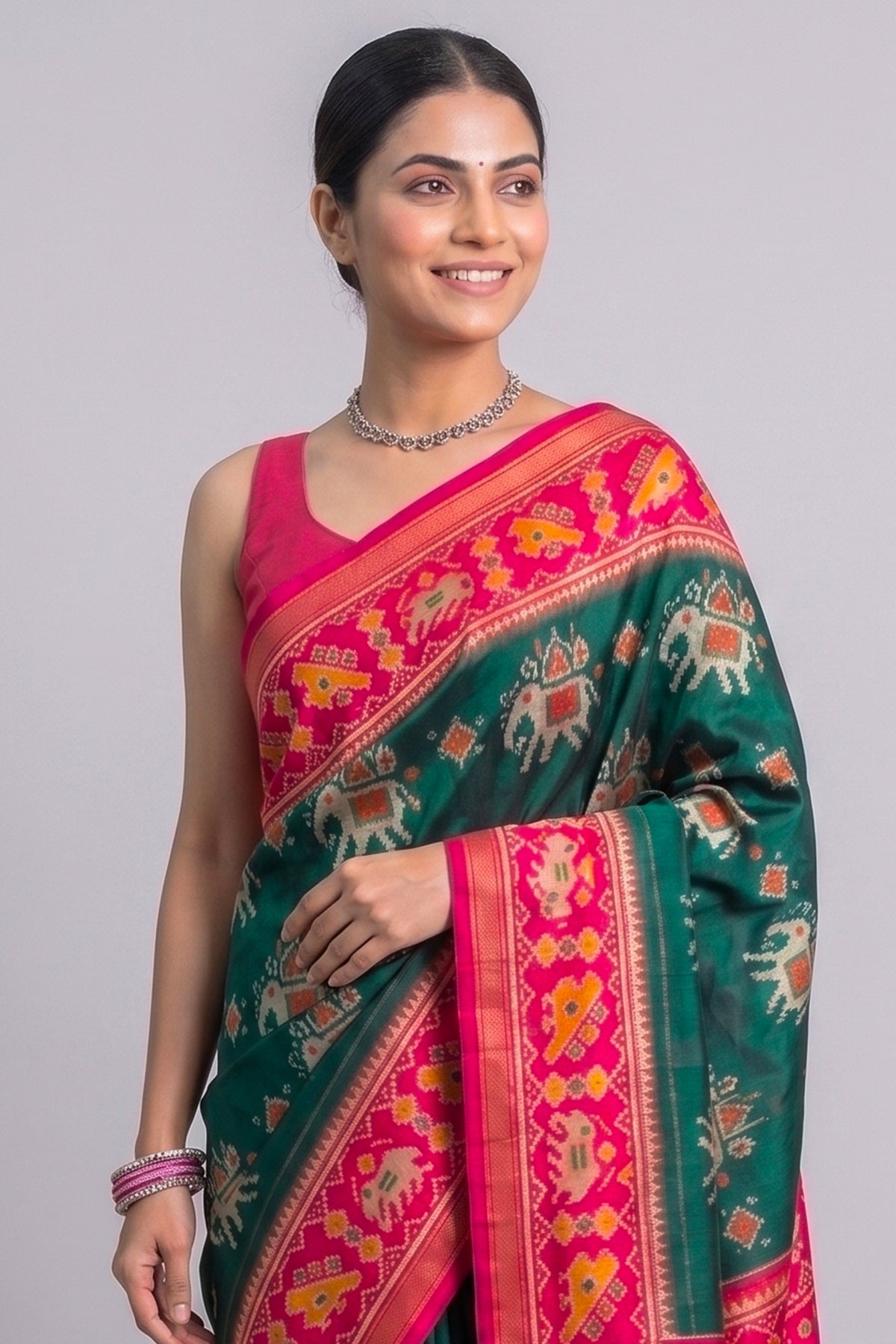 Green Art Silk Saree with Patola Border and Contrast Pallu