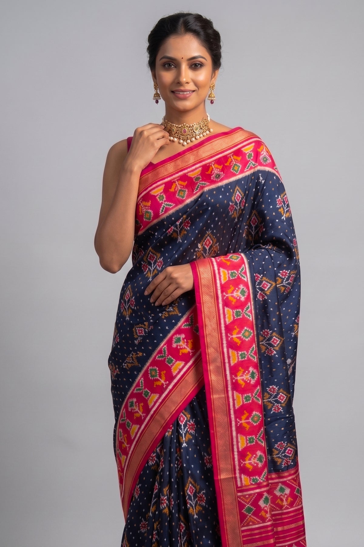 Navy Blue Art Silk Saree with Patola Border and Contrast Pallu