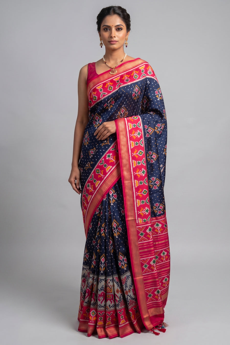 Navy Blue Art Silk Saree with Patola Border and Contrast Pallu