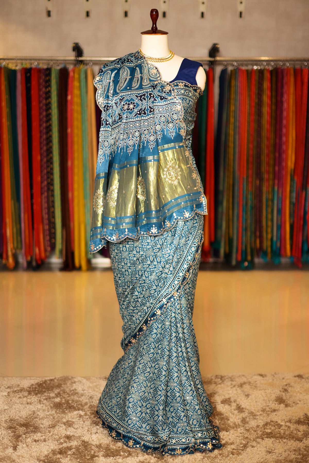 Blue Modal Silk Ajrakh Printed Saree with Gota and Applique Work