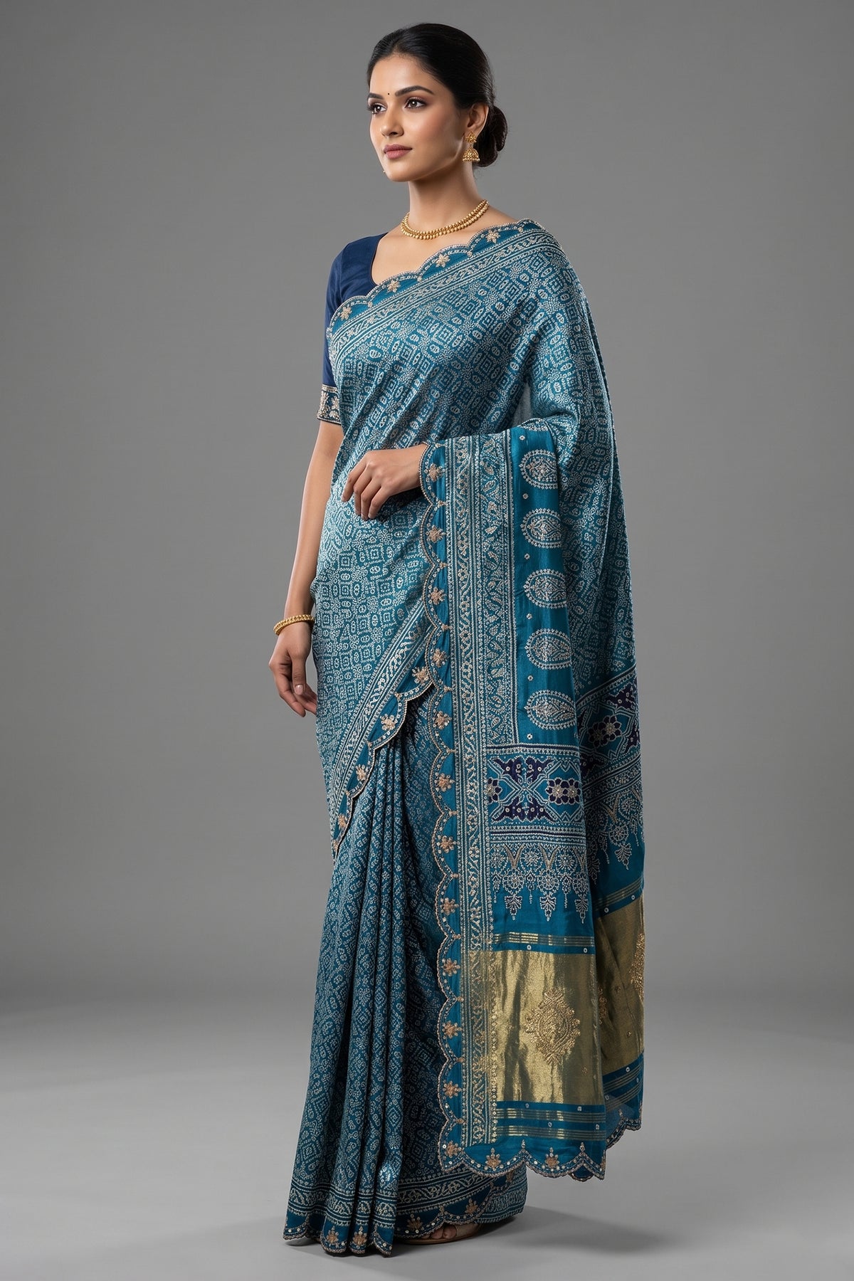 Blue Modal Silk Ajrakh Printed Saree with Gota and Applique Work