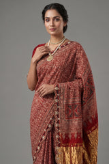 Red Modal Silk Ajrakh Printed Saree with Applique and Gota Work