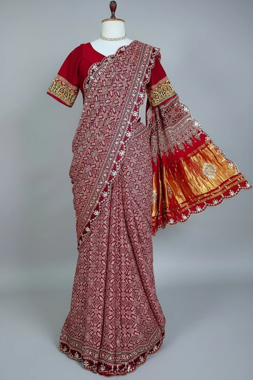 Red Modal Silk Ajrakh Printed Saree with Applique and Gota Work