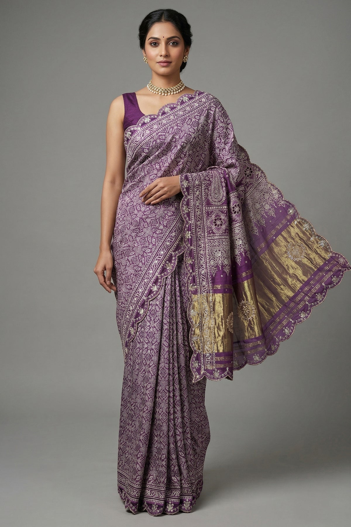Lavender Modal Silk Ajrakh Printed Saree with Applique and Gota Work