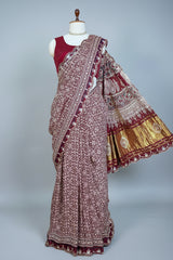 Maroon Modal Silk Ajrakh Printed Saree with Applique and Gota Work