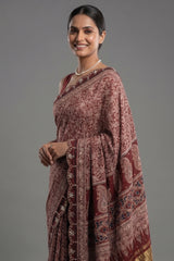 Maroon Modal Silk Ajrakh Printed Saree with Applique and Gota Work