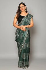 Green Modal Silk Ajrakh Printed Saree with Applique and Gota Work