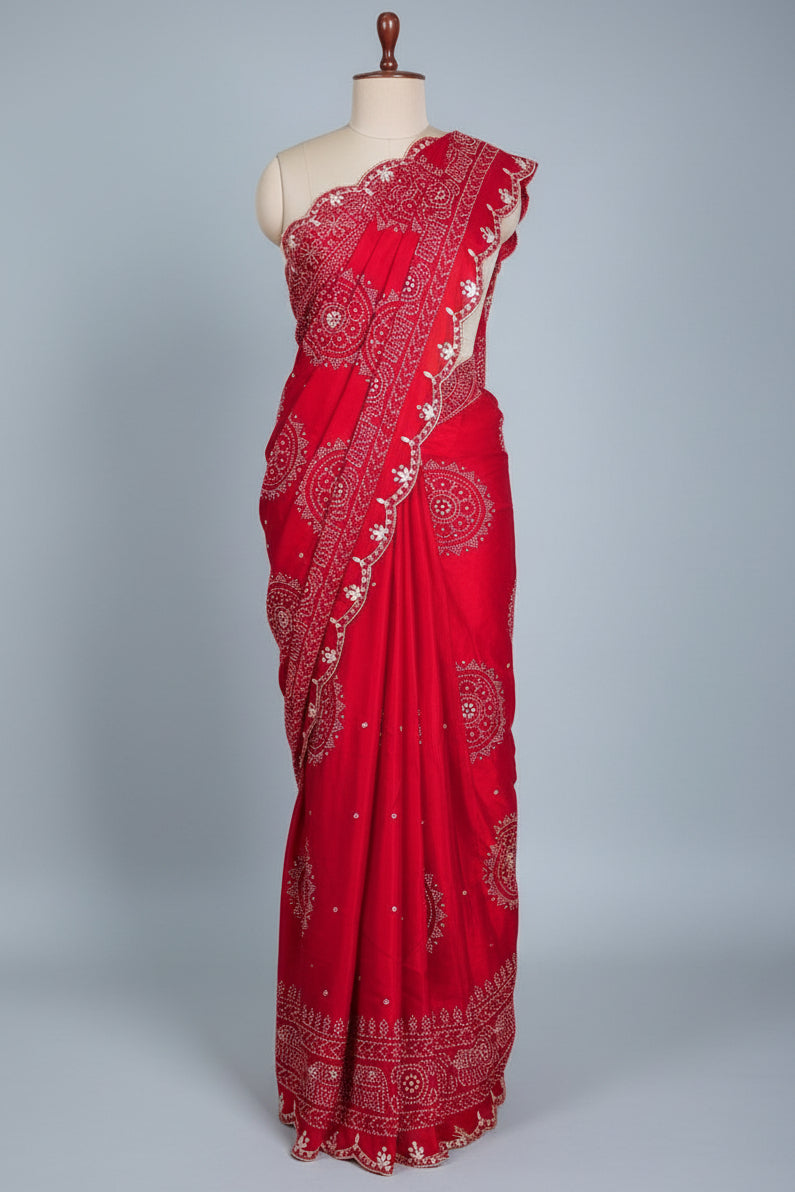 Red Modal Silk Ajrakh Printed Saree with Applique and Gota Work