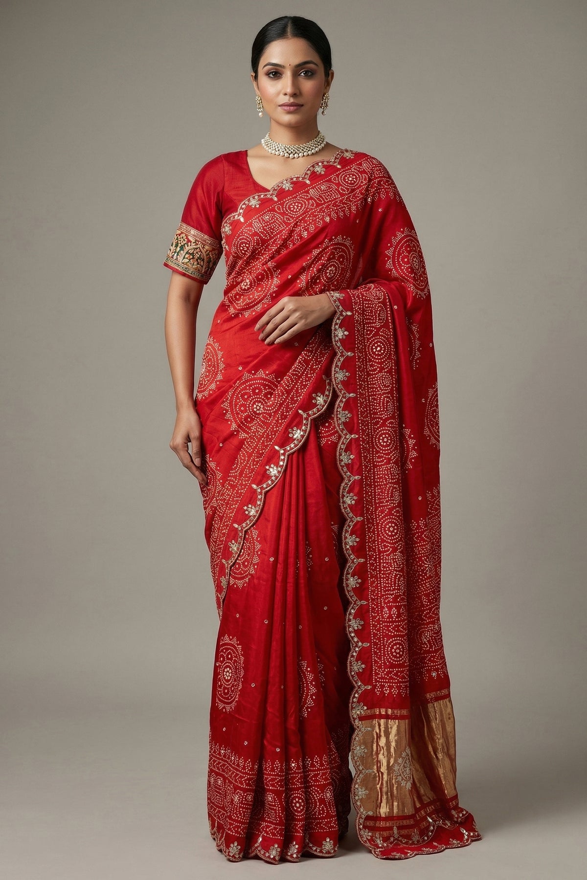 Red Modal Silk Ajrakh Printed Saree with Applique and Gota Work