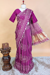 Mauve Modal Silk Ajrakh Printed Saree with Applique and Gota Work