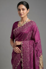 Mauve Modal Silk Ajrakh Printed Saree with Applique and Gota Work