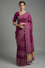 Mauve Modal Silk Ajrakh Printed Saree with Applique and Gota Work
