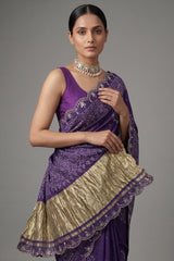 Purple Modal Silk Ajrakh Printed Saree with Applique and Gota Work