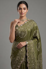 Olive Green Modal Silk Ajrakh Printed Saree with Applique and Gota Work