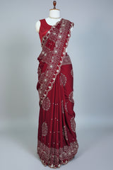 Maroon Modal Silk Ajrakh Printed Saree with Applique and Gota Work