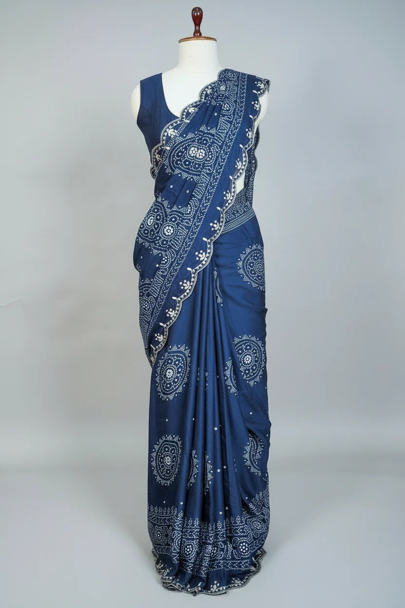 Blue Modal Silk Ajrakh Printed Saree with Applique and Gota Work