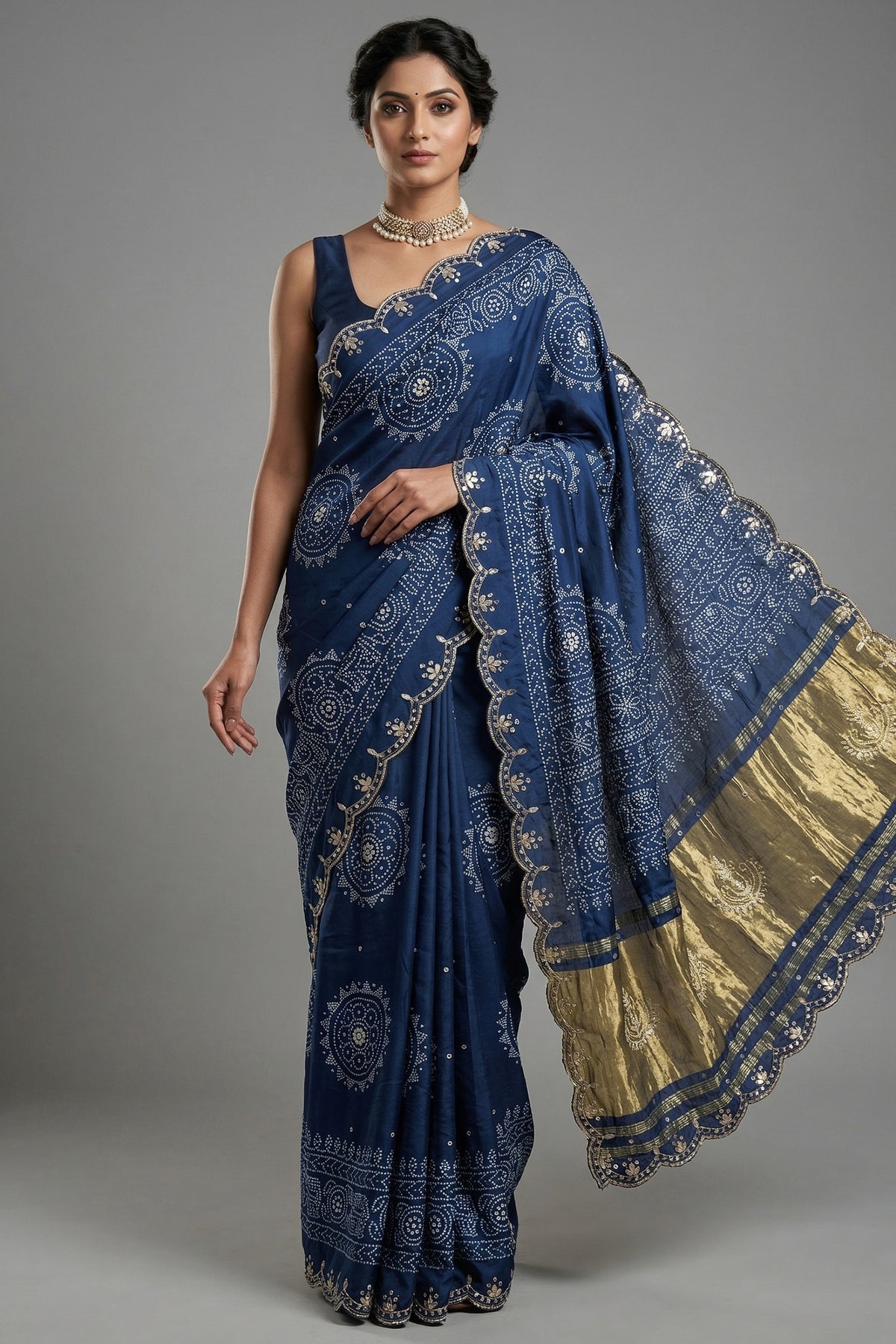 Blue Modal Silk Ajrakh Printed Saree with Applique and Gota Work