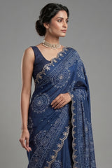 Blue Modal Silk Ajrakh Printed Saree with Applique and Gota Work
