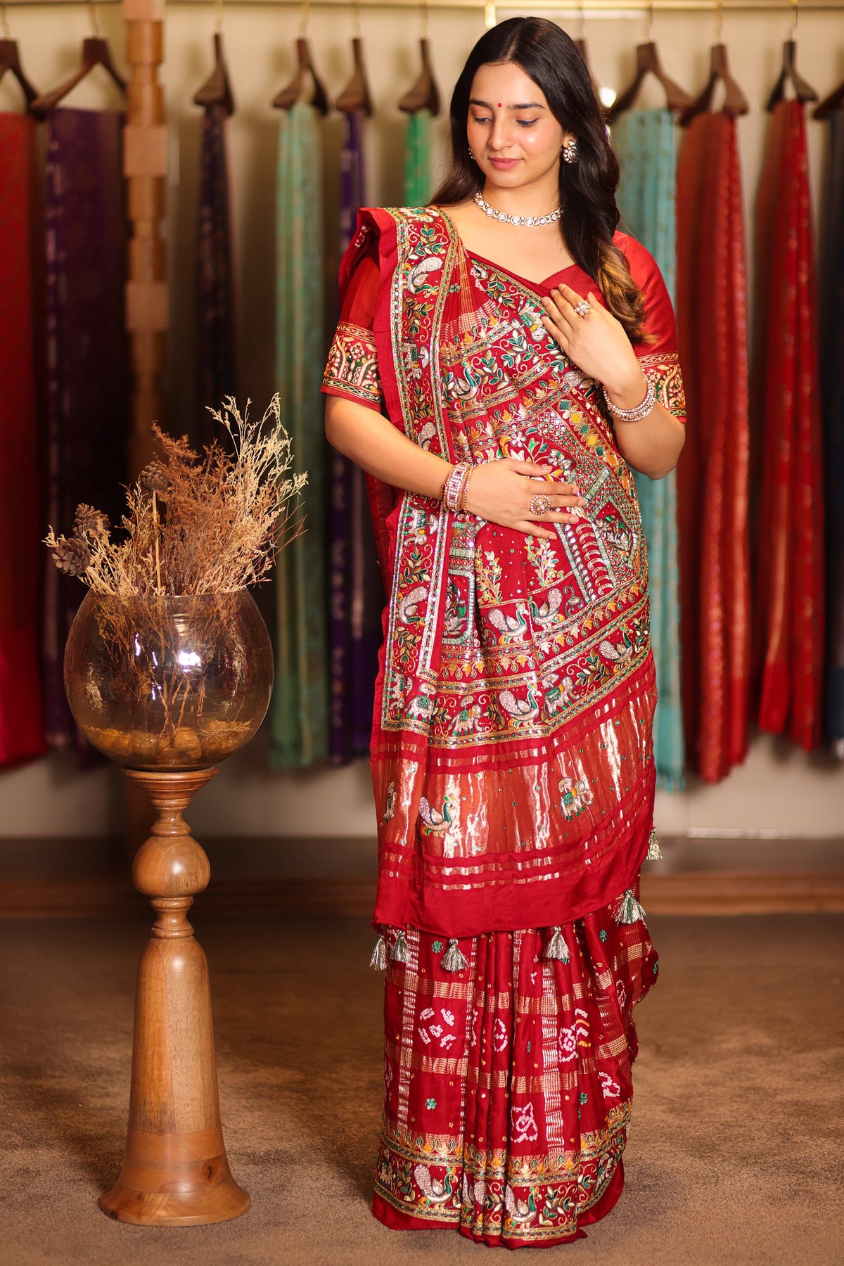 Maroon Gaji Silk Traditional Gharchola Saree with Embroidery and Peacock and Elephant Motif