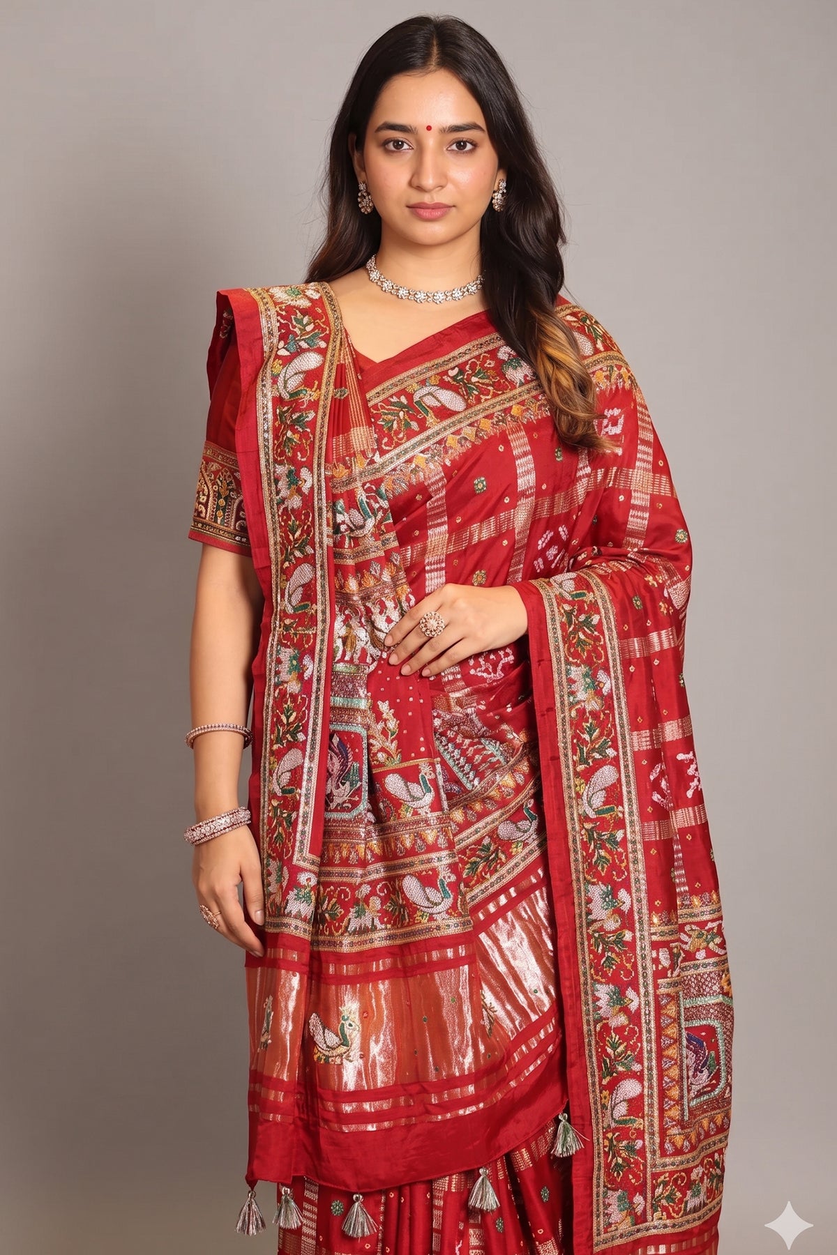 Maroon Gaji Silk Traditional Gharchola Saree with Embroidery and Peacock and Elephant Motif