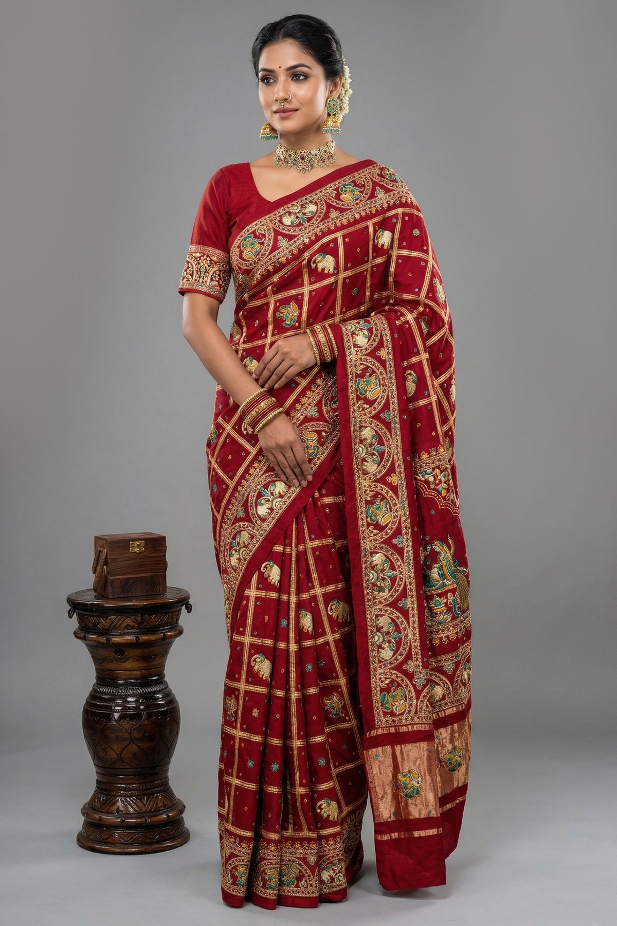 Maroon Gaji Silk Traditional Checks Gharchola Saree