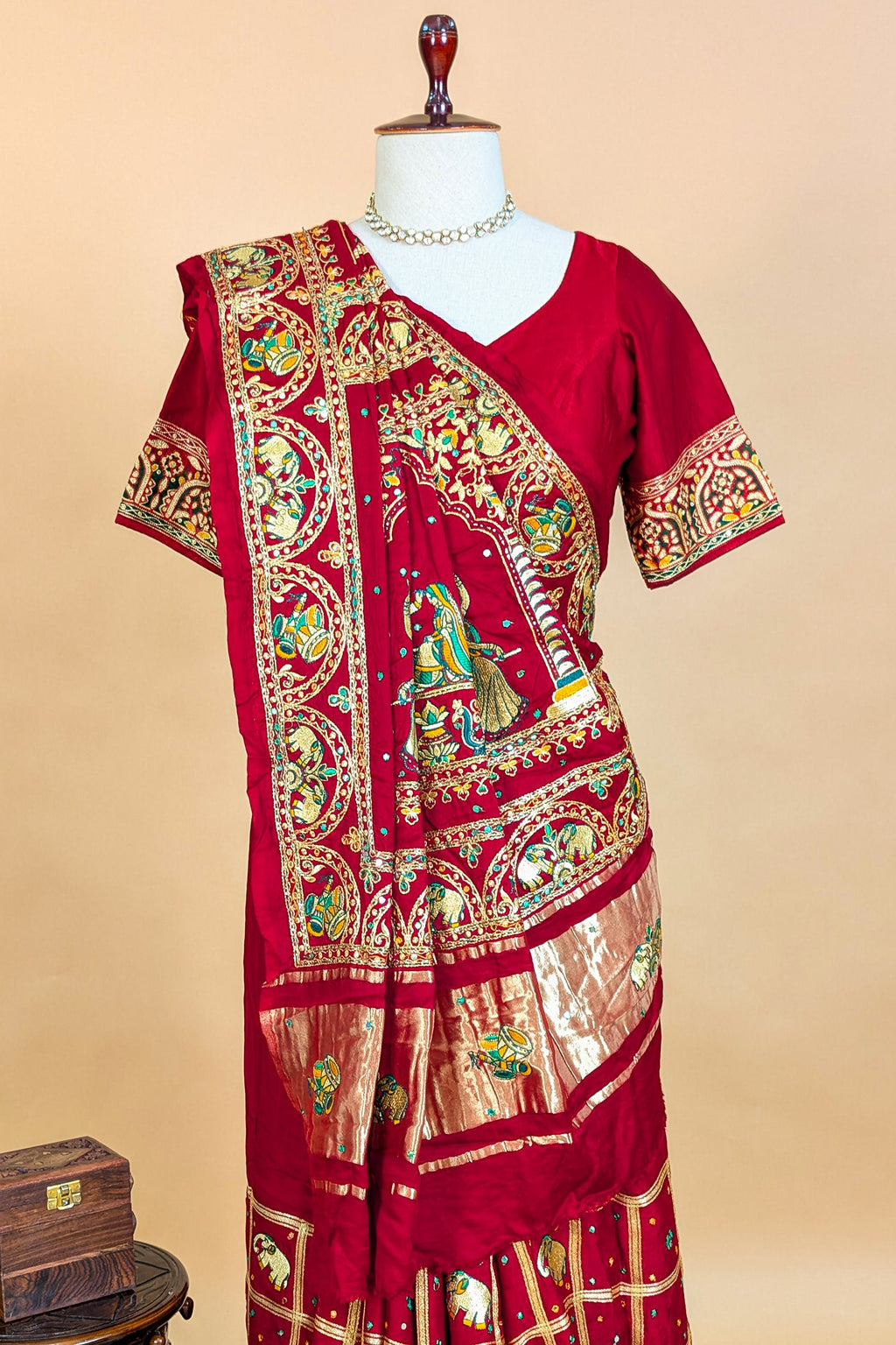 Maroon Gaji Silk Traditional Checks Gharchola Saree