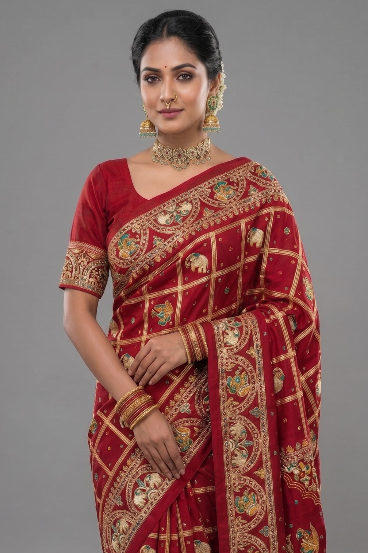 Maroon Gaji Silk Traditional Checks Gharchola Saree