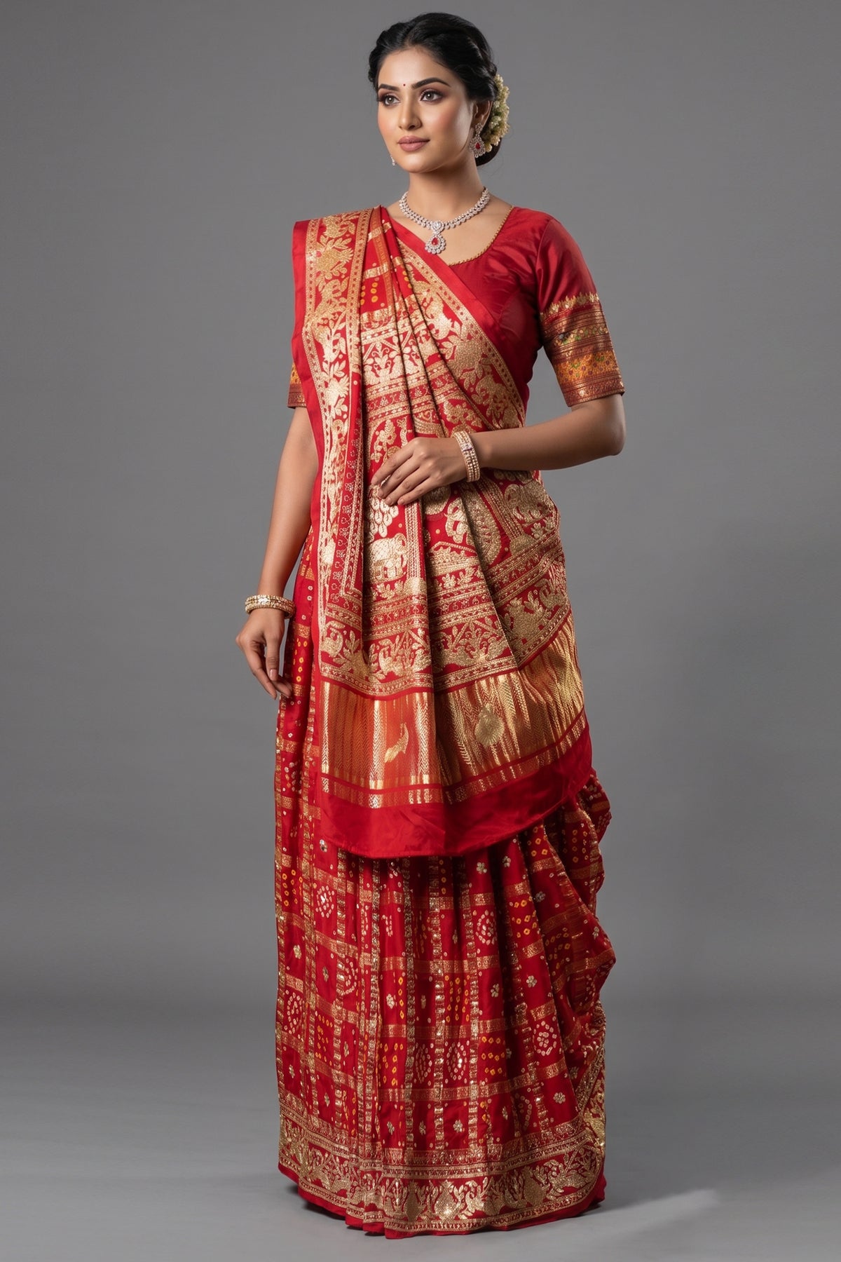 Maroon Gaji Silk Traditional Gharchola Saree with Embroidery