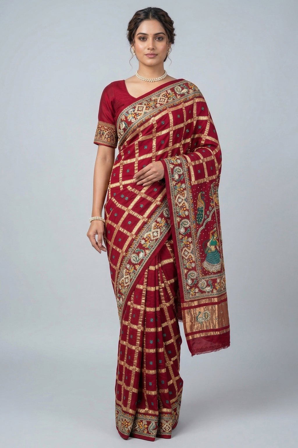 Maroon Gaji Silk Traditional Checks Gharchola Saree with Heavy Embroidered Pallu