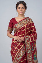 Maroon Gaji Silk Traditional Checks Gharchola Saree with Heavy Embroidered Pallu