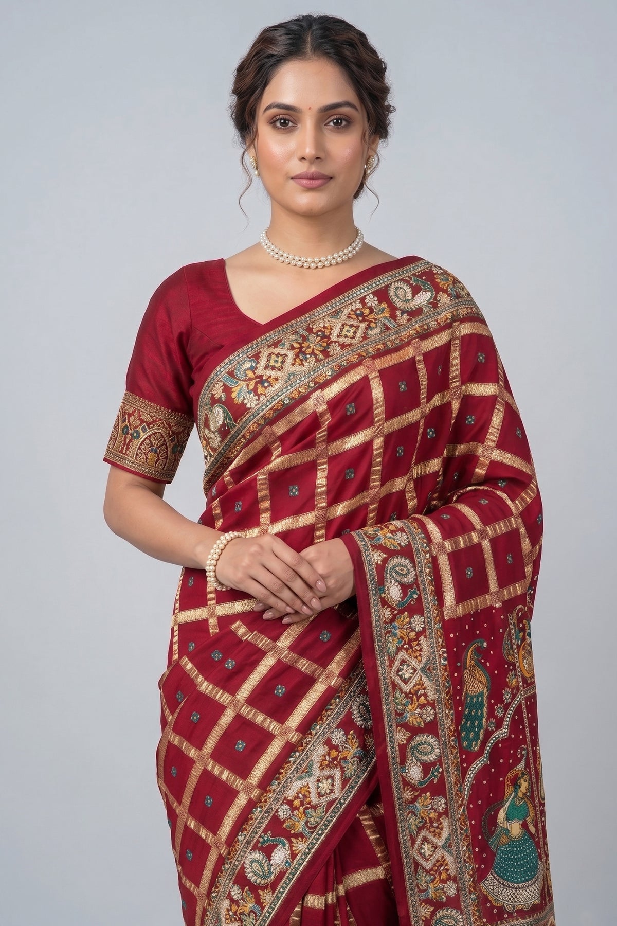Maroon Gaji Silk Traditional Checks Gharchola Saree with Heavy Embroidered Pallu