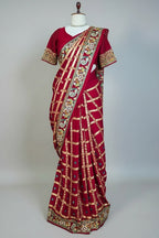 Maroon Gaji Silk Traditional Checks Gharchola Saree with Heavy Embroidered Pallu