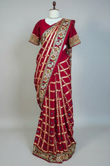 Maroon Gaji Silk Traditional Checks Gharchola Saree with Heavy Embroidered Pallu