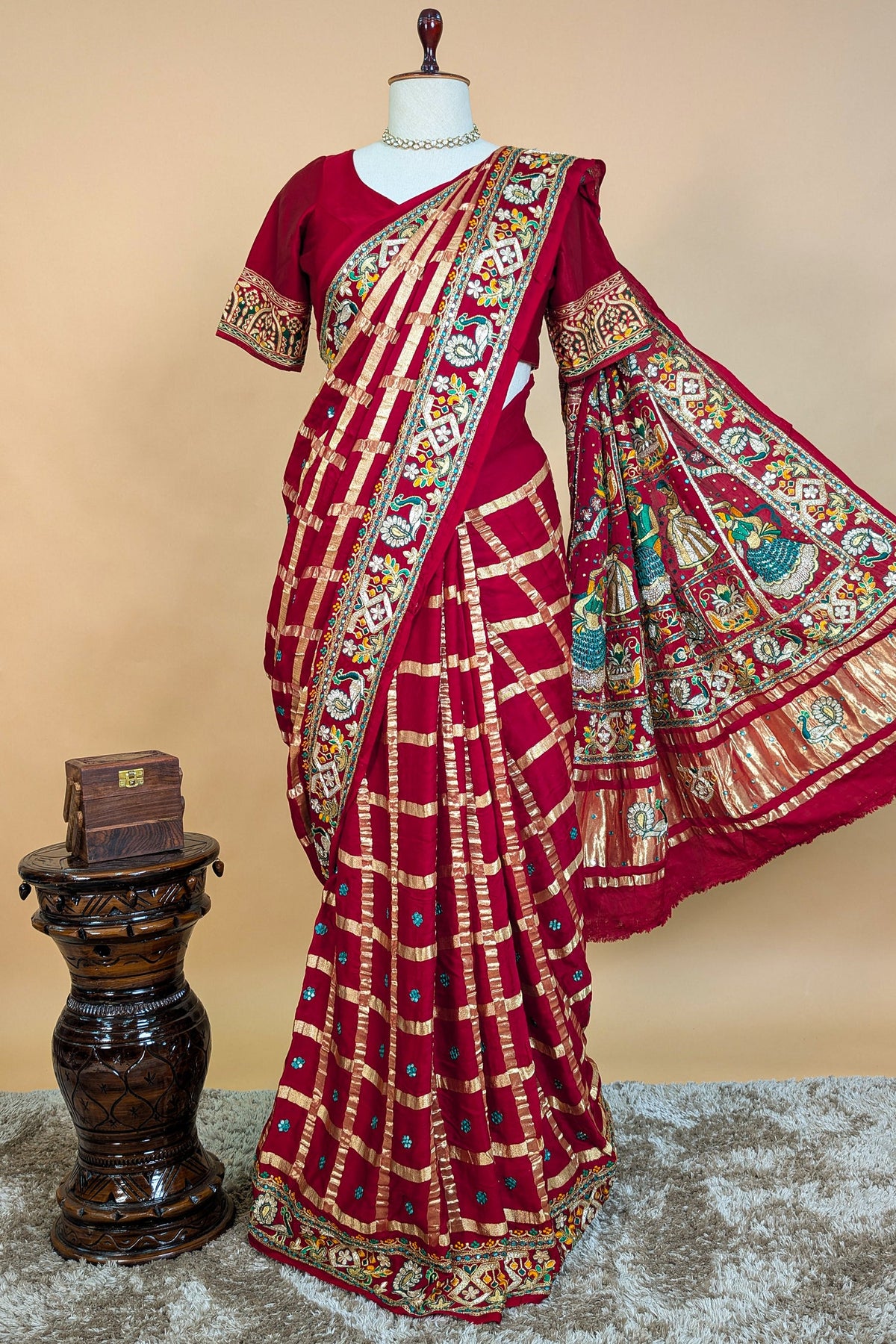 Maroon Gaji Silk Traditional Checks Gharchola Saree with Heavy Embroidered Pallu