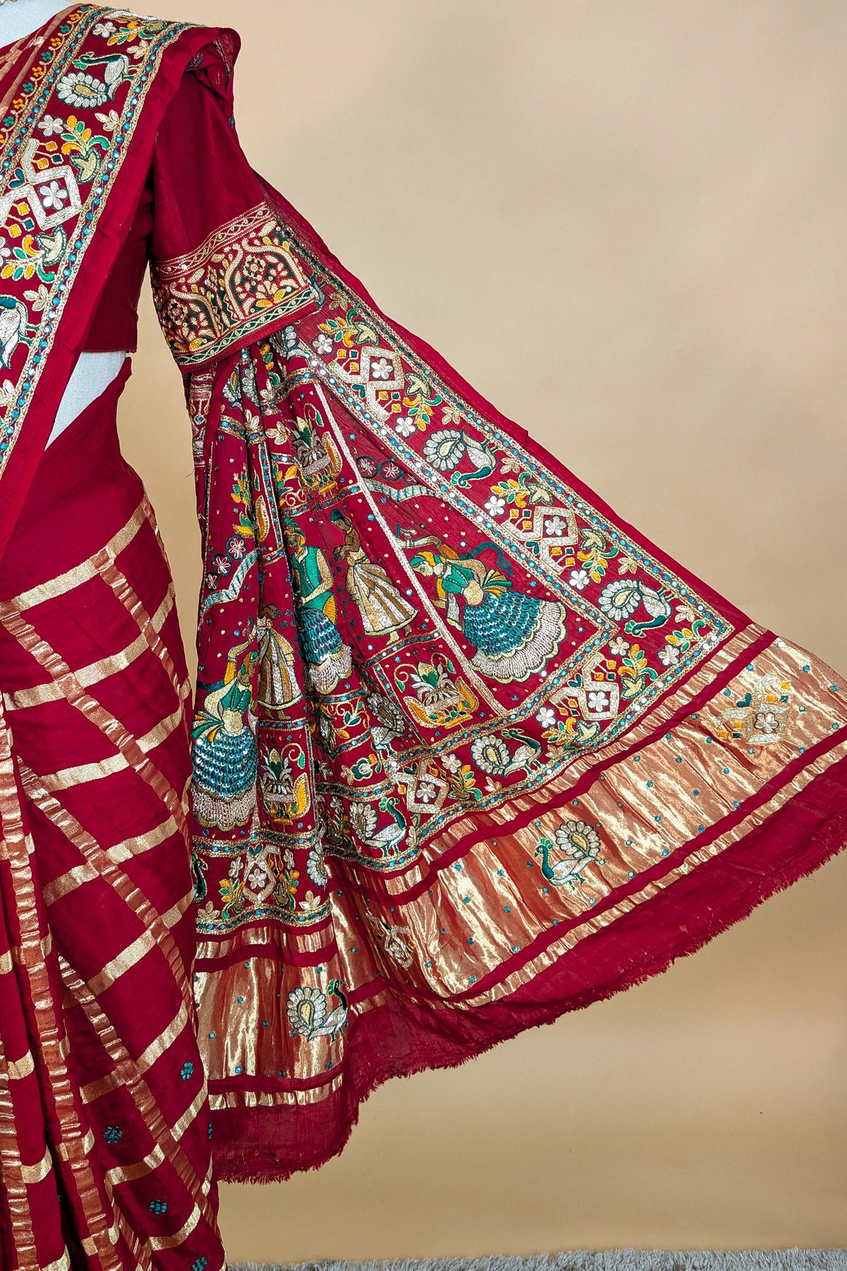 Maroon Gaji Silk Traditional Checks Gharchola Saree with Heavy Embroidered Pallu
