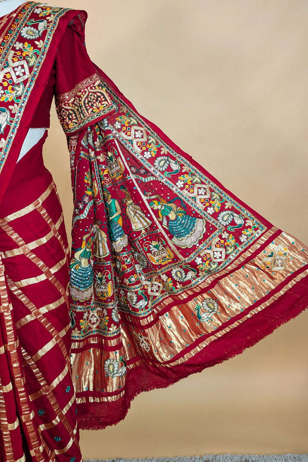 Maroon Gaji Silk Traditional Checks Gharchola Saree with Heavy Embroidered Pallu