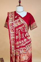 Maroon Gaji Silk Traditional Bandhej Checks Gharchola Saree with Embroidery and Peacock Motif