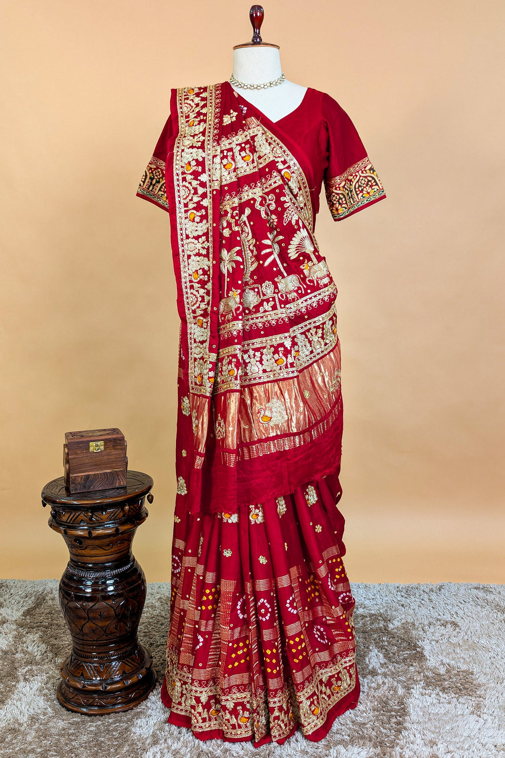 Maroon Gaji Silk Traditional Bandhej Checks Gharchola Saree with Embroidery and Peacock Motif