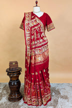 Maroon Gaji Silk Traditional Bandhej Checks Gharchola Saree with Embroidery and Peacock Motif