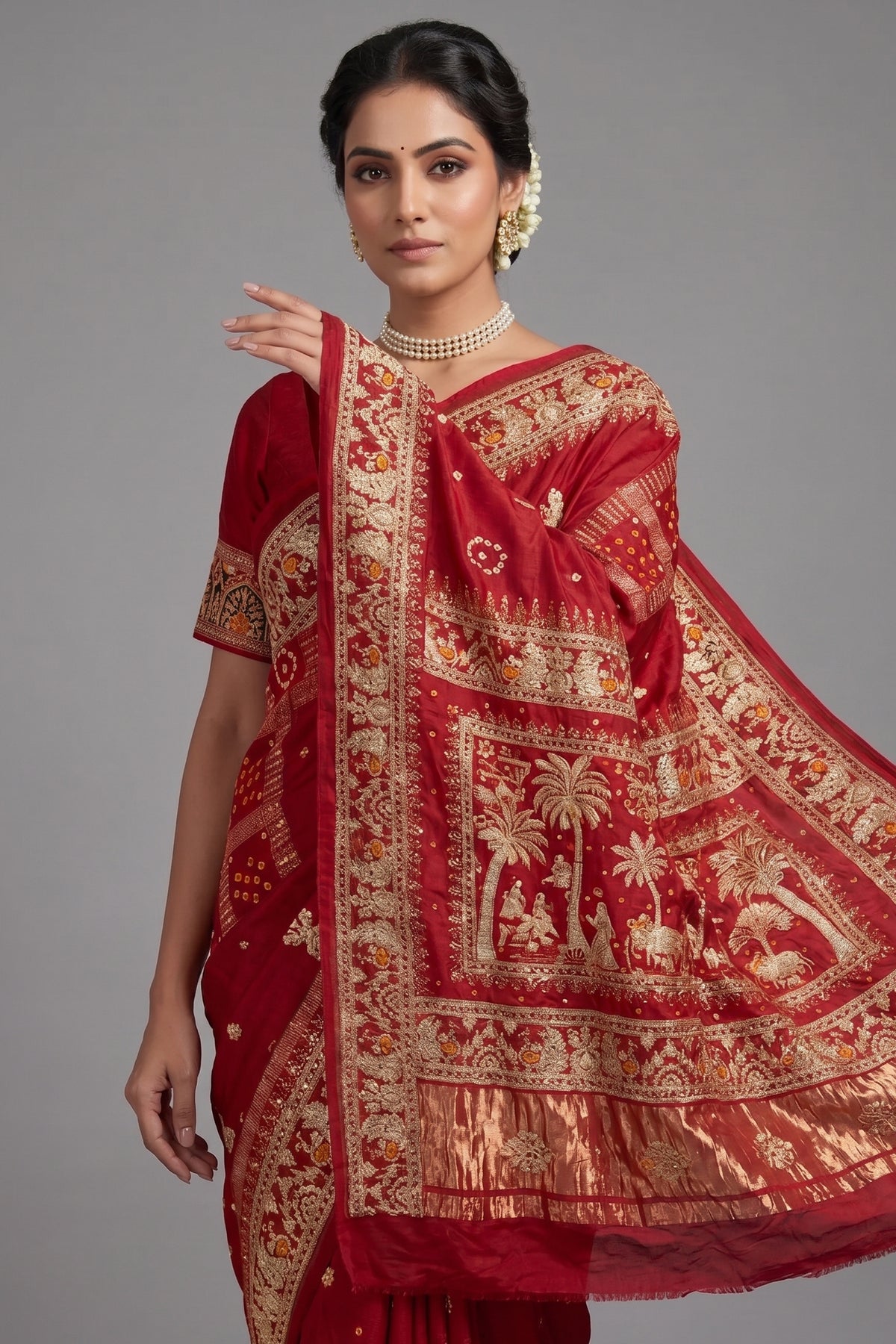Maroon Gaji Silk Traditional Bandhej Checks Gharchola Saree with Embroidery and Peacock Motif
