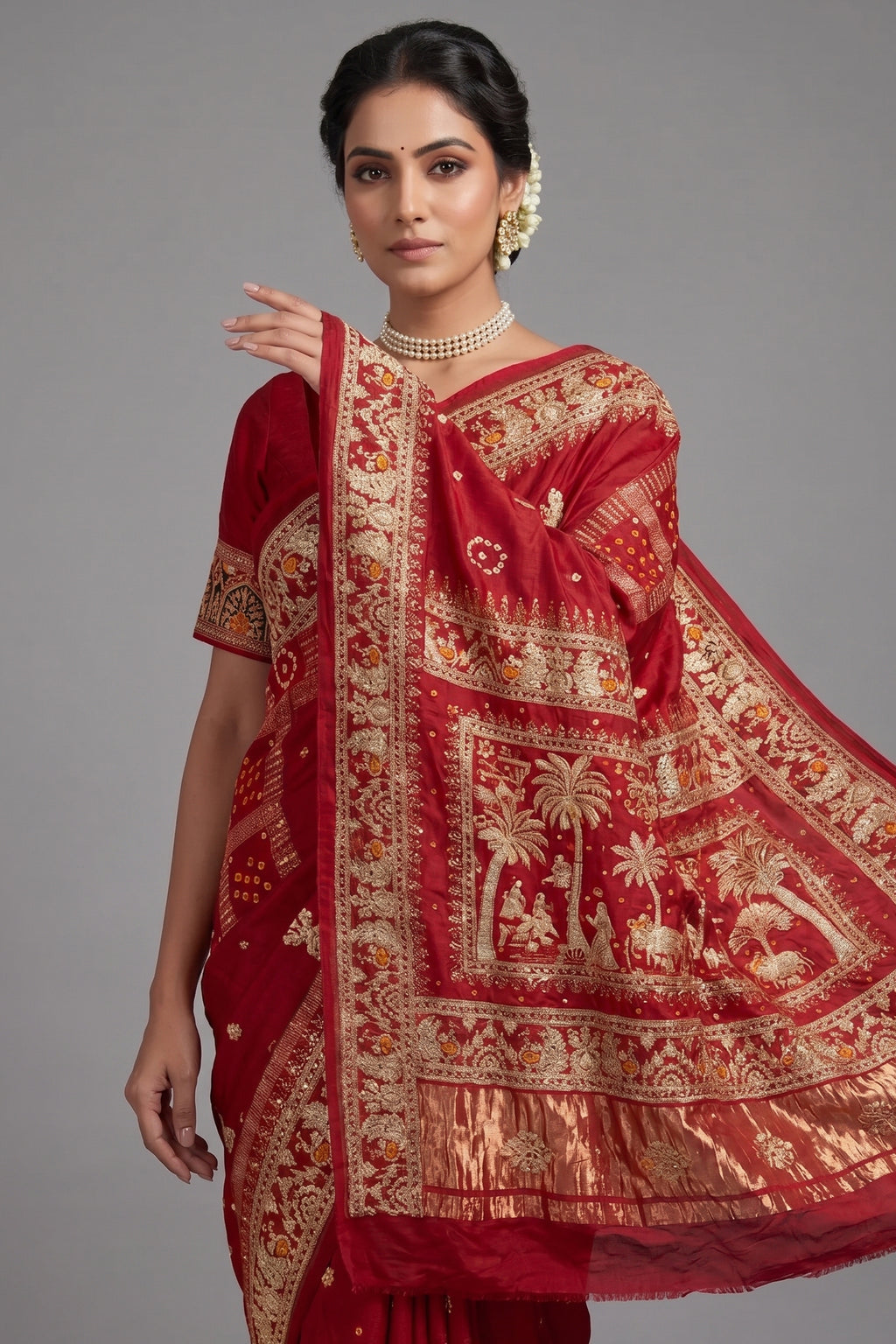 Maroon Gaji Silk Traditional Bandhej Checks Gharchola Saree with Embroidery and Peacock Motif