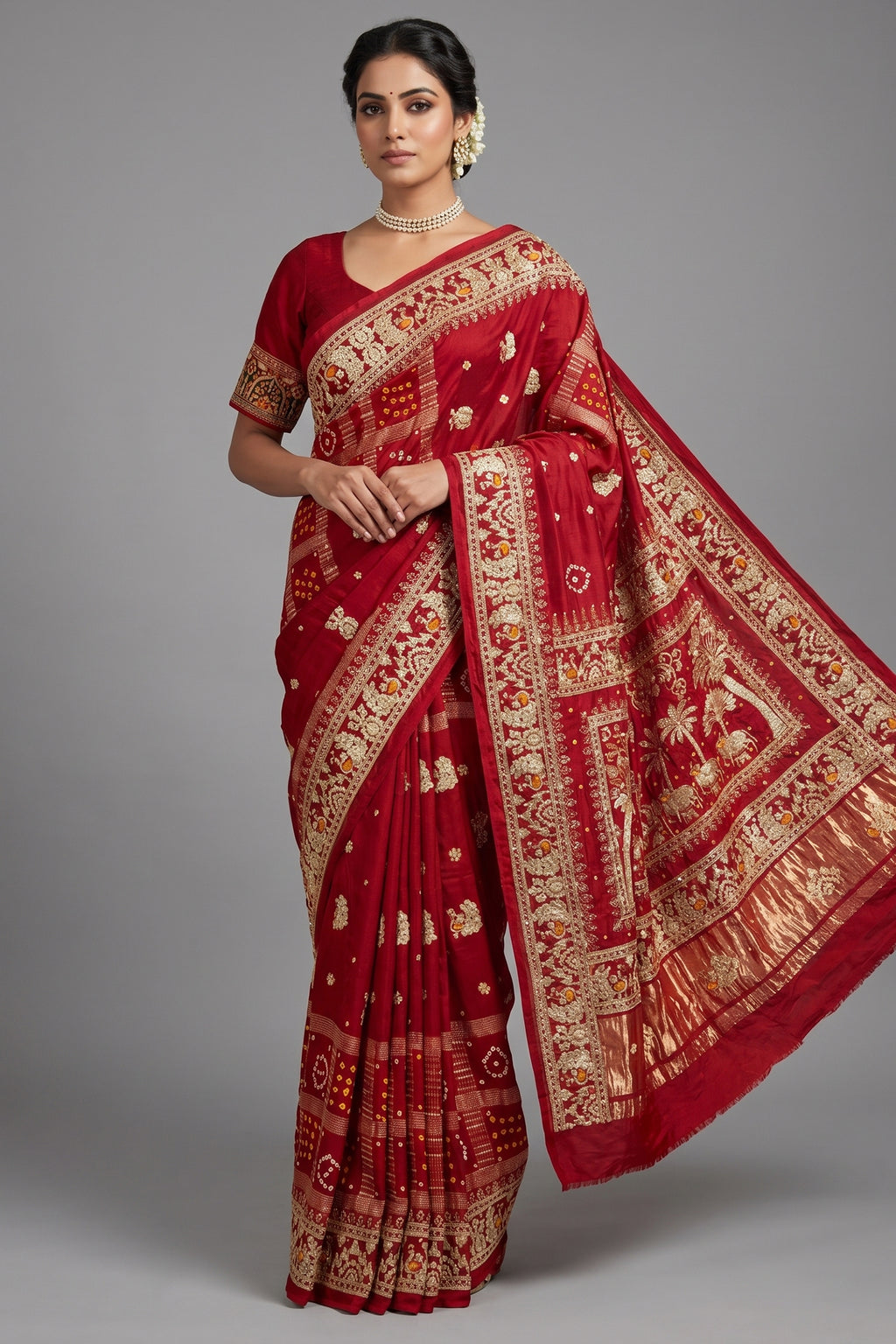 Maroon Gaji Silk Traditional Bandhej Checks Gharchola Saree with Embroidery and Peacock Motif