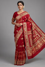 Maroon Gaji Silk Traditional Bandhej Checks Gharchola Saree with Embroidery and Peacock Motif
