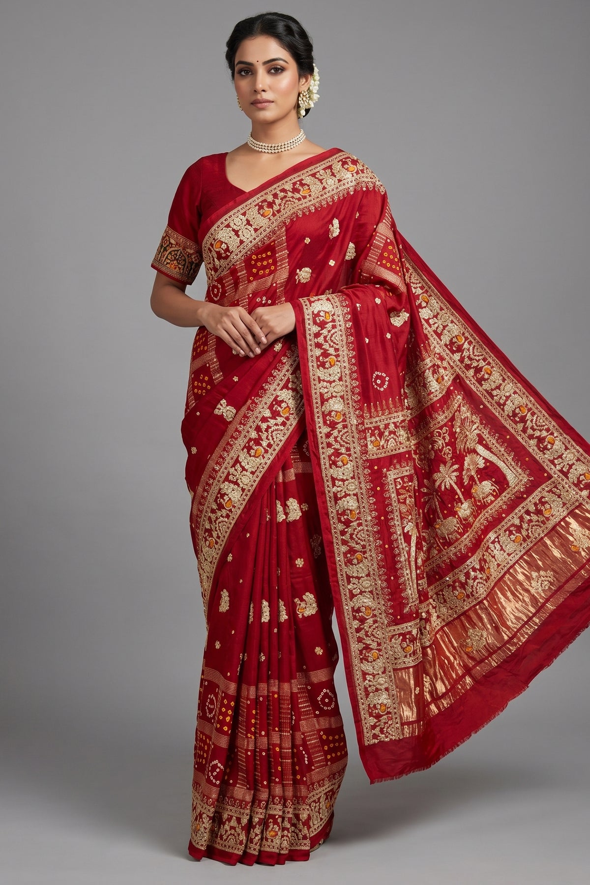 Maroon Gaji Silk Traditional Bandhej Checks Gharchola Saree with Embroidery and Peacock Motif
