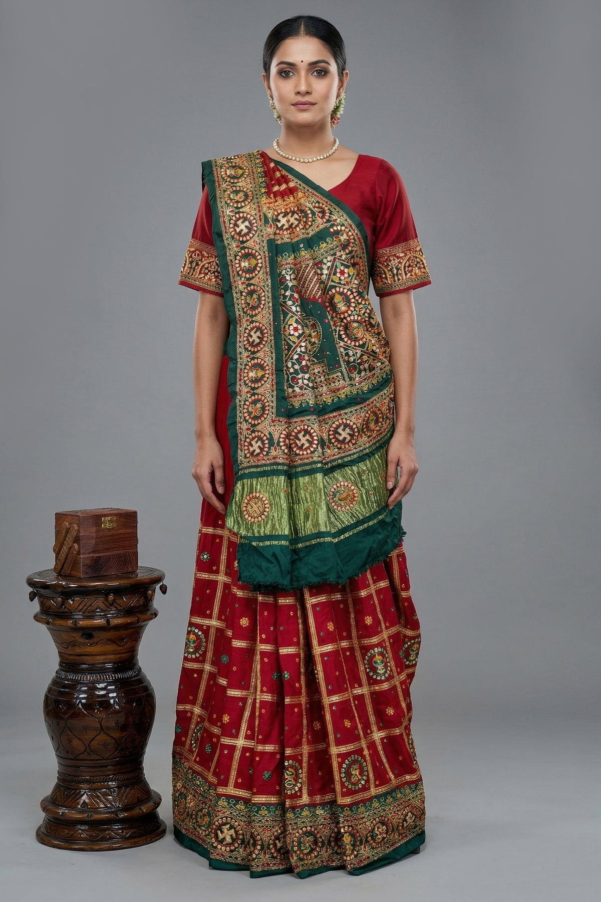 Maroon Gaji Silk Swastik Motif Traditional Gharchola Saree with Embroidery