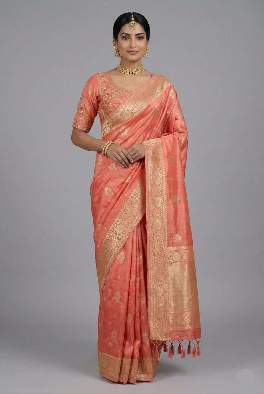 Peach Tissue Silk Woven Saree with Handwork Readymade Blouse