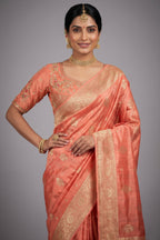 Peach Tissue Silk Woven Saree with Handwork Readymade Blouse