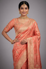 Peach Tissue Silk Woven Saree with Handwork Readymade Blouse